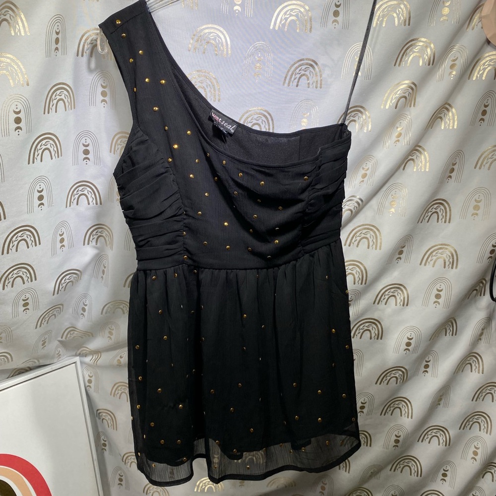 Wet Seal Black One Shoulder Dress with Gold Accents